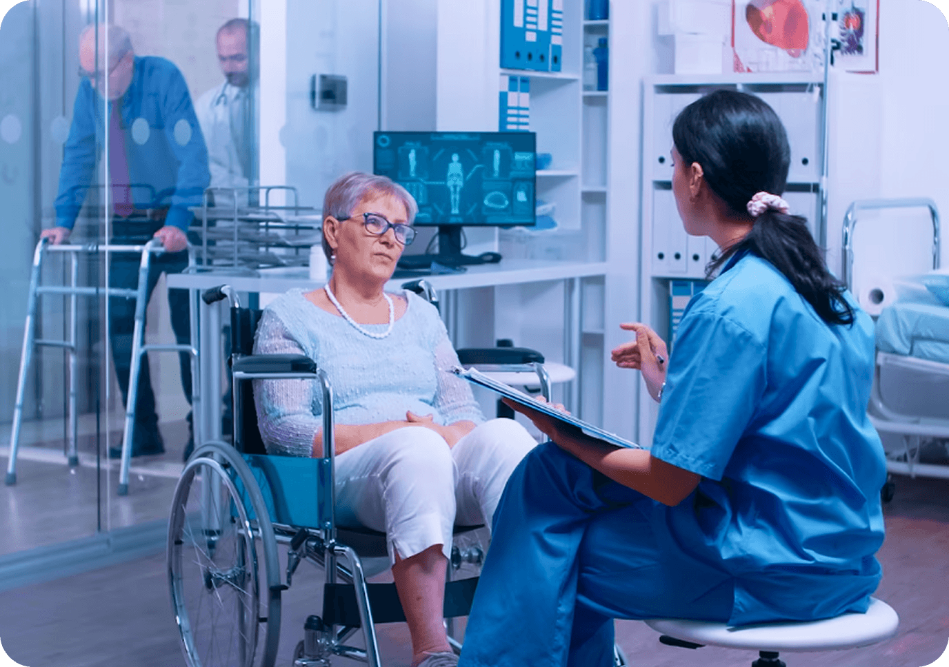 A nurse going through care information with a resident